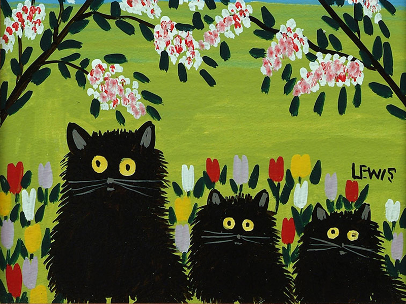 Three Black Cats 1955 by Maud Lewis. (c) Art Gallery of Nova Scotia. Used with permission.