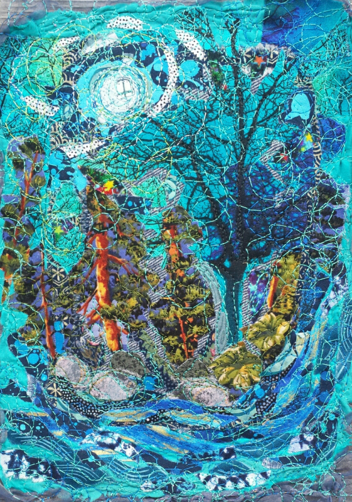 Textile art by Rachel Ryan showing trees surrounded by blue.