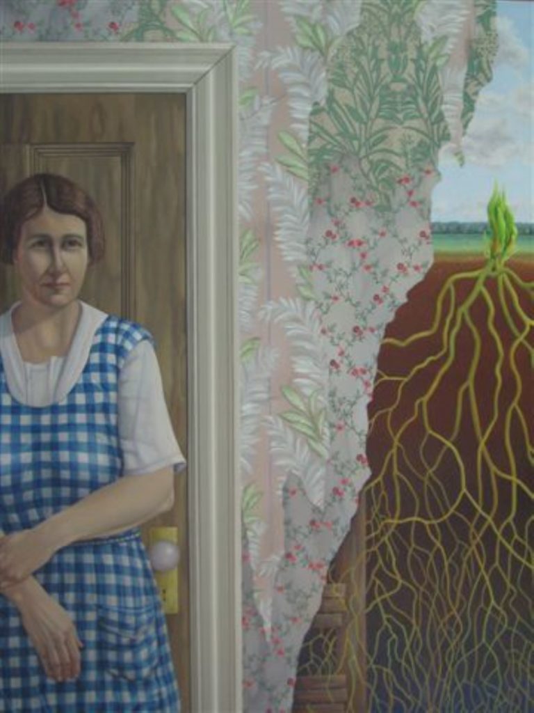 Painting by Brenda Whiteway showing a woman in a doorway, floral wallpaper, and the roots of a plant outside.