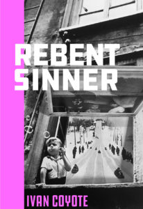 Book cover for Rebent Sinner showing a black-and-white photo of a child blowing bubbles through a window; an old-fashioned toboggan run is also seen through the window.)