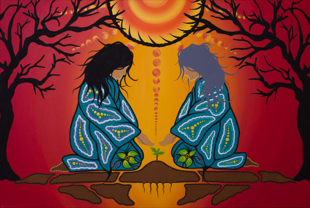 Painting by Tracey Metallic showing two Indigenous women kneeing in front of a small plant.