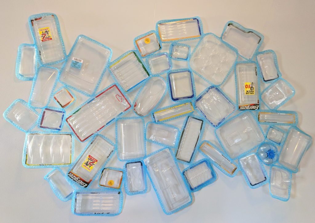 Artwork by Jane Whitten. "Pack Ice" shows plastic blister packs crocheted together with fishing line