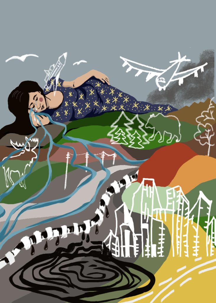 Painting by Ildiko Nova showing a woman crying a river, a city, mountains, airplane