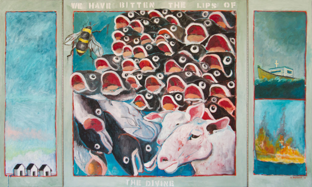 Painting by Su Rogers showing many fish, two cows, a bee and the ocean.
