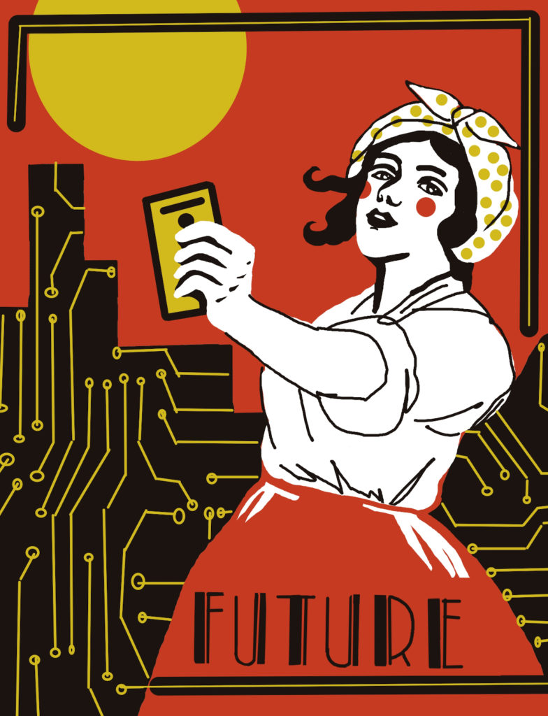 graphic image/poster showing woman holding electronic technology