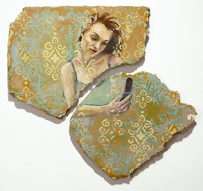 painting by Teri Donovan showing woman holding cellphone and decorative background