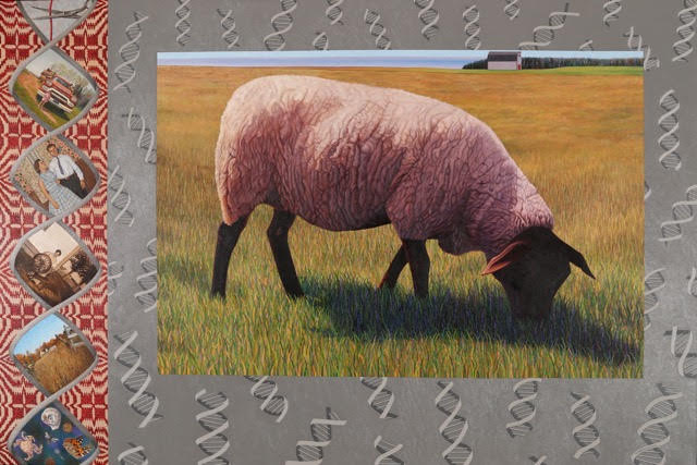 painting showing sheep with DNA strands and family photos