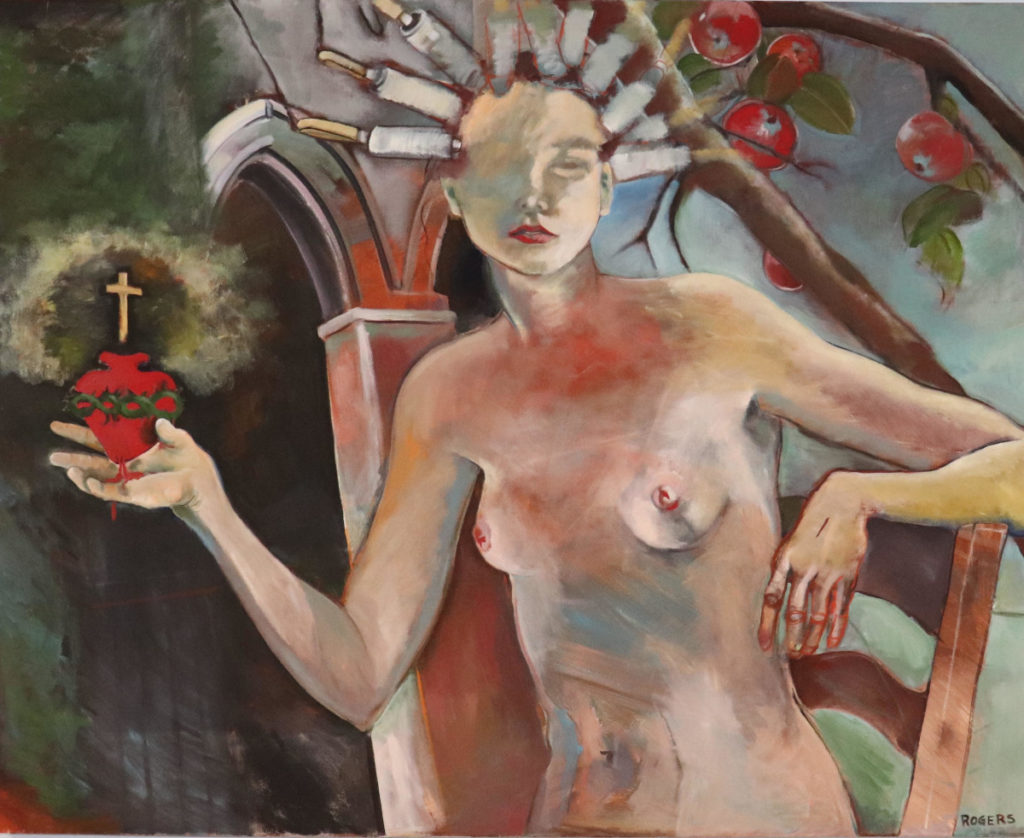 painting by Su Rogers showing 1920s flapper, technology, and religious symbols
