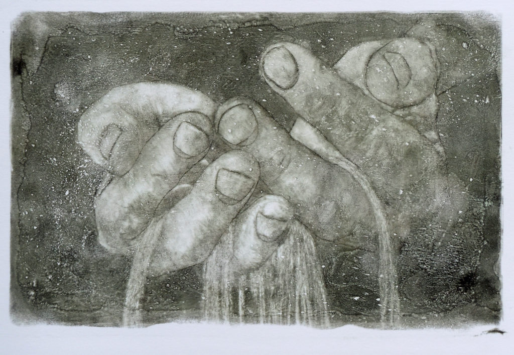 visual art (etching) showing sand running through hands