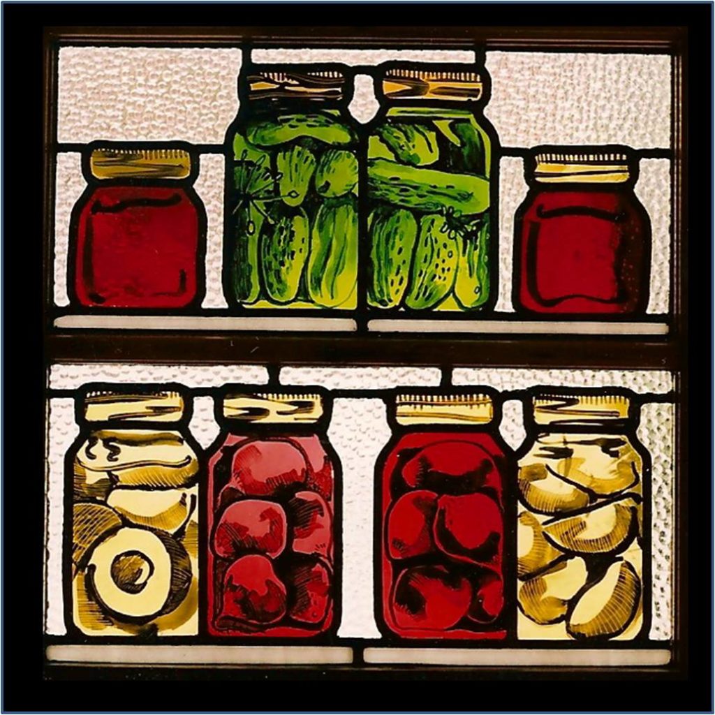 stained glass show jars of preserves