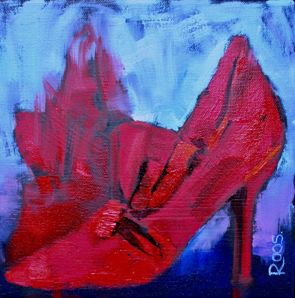 Oil painting showing two red, high-heeled shoes
