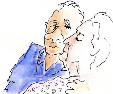Illustration by Susan MacLeod showing an elderly woman and man. She has her eyes closed. Neither are smiling.