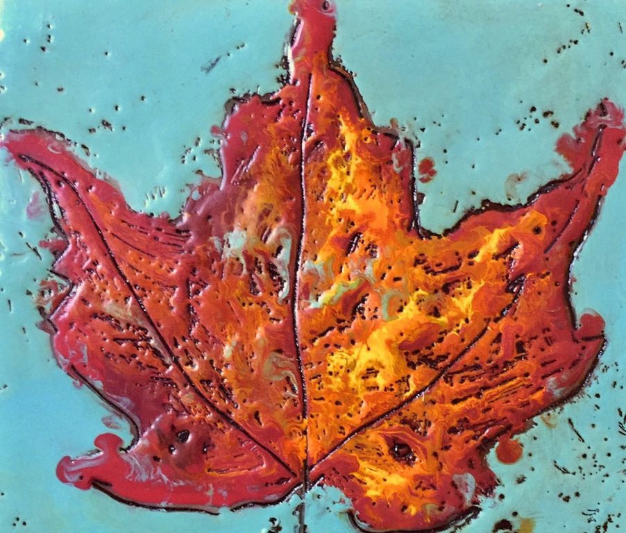 Encaustic by Lisa-Maj Roos showing a red maple leaf
