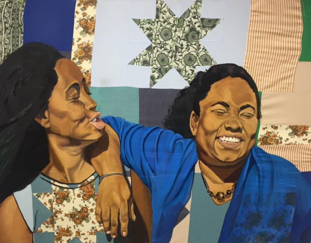 Art by Letitia Fraser showing two women laughing (oil on quilt)