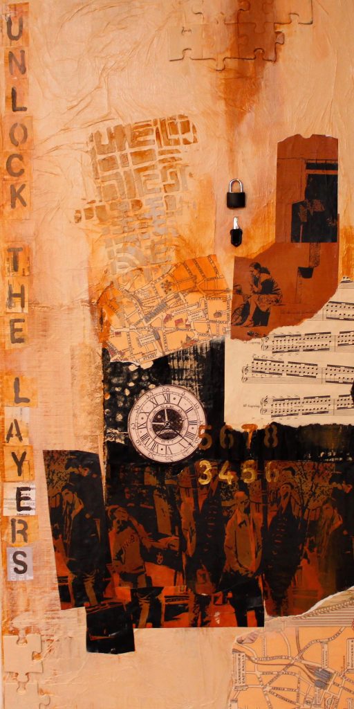 Collage by Leah Dockrill titled "Layers of Illusion" showing sheet music among other items.
