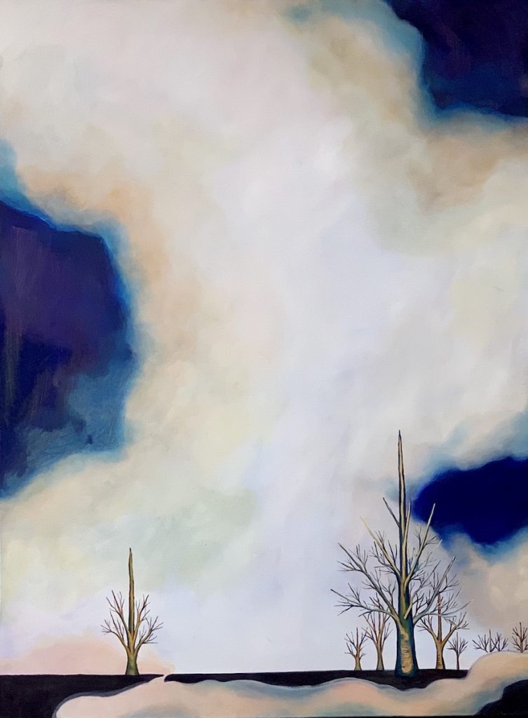Painting by Jacqueline Staikos showing a large sky and two stark, separated trees