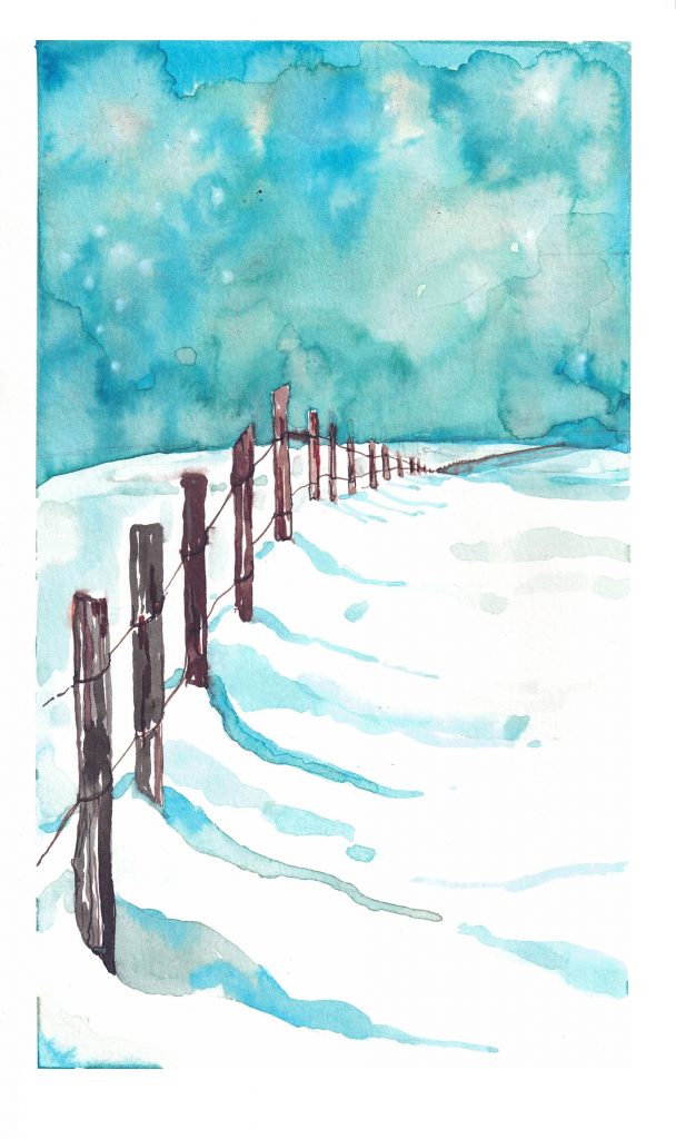 watercolour painting showing a rural fenceline in the snow