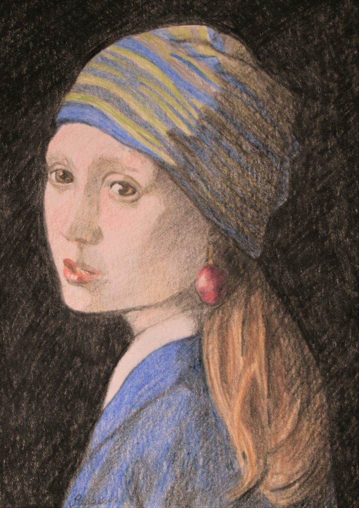 painting of a girl with a winter hat, long hair, and one cranberry earring