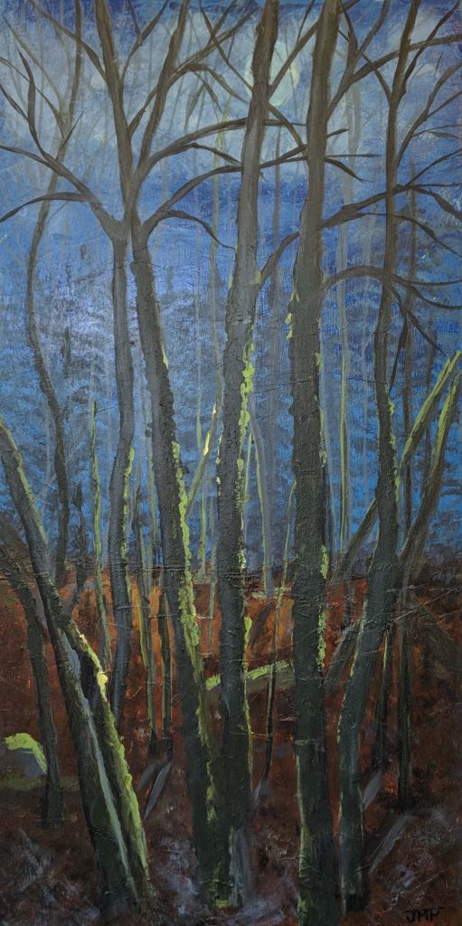 painting showing birch trees in moonlight