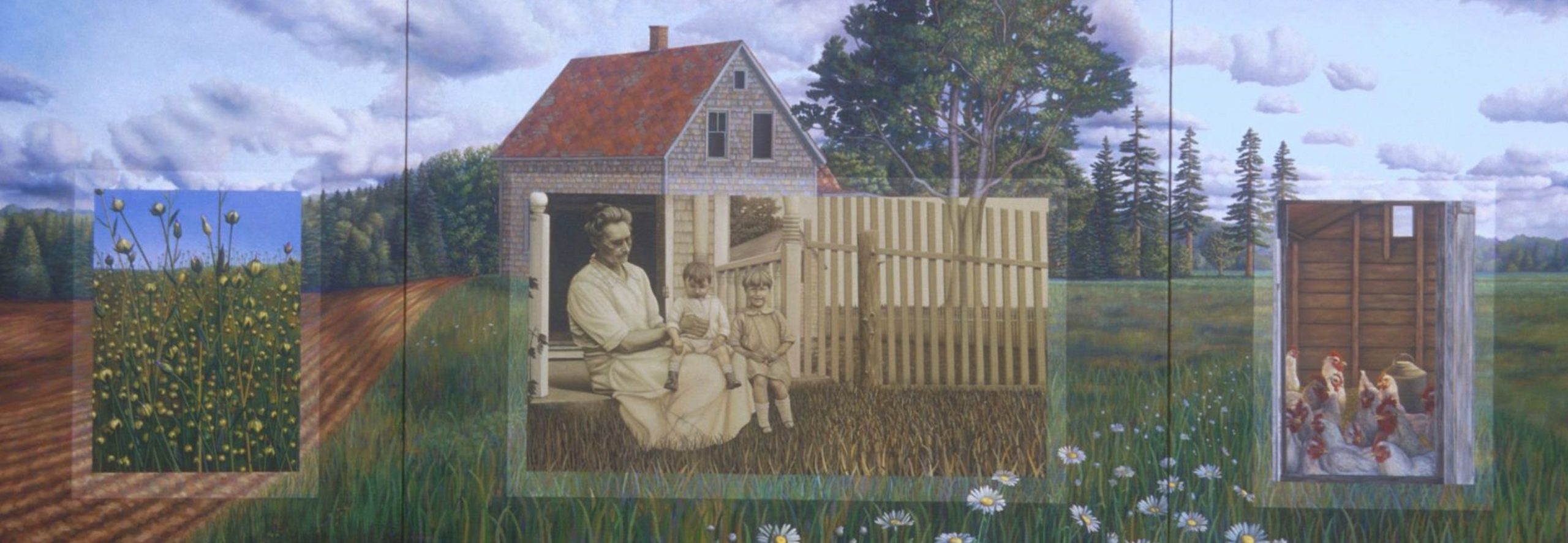 collage showing a farm house, old photo of a mother and children, crops, and chickens