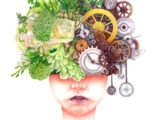 illustration showing a woman's face and head covered with greenery and cogs